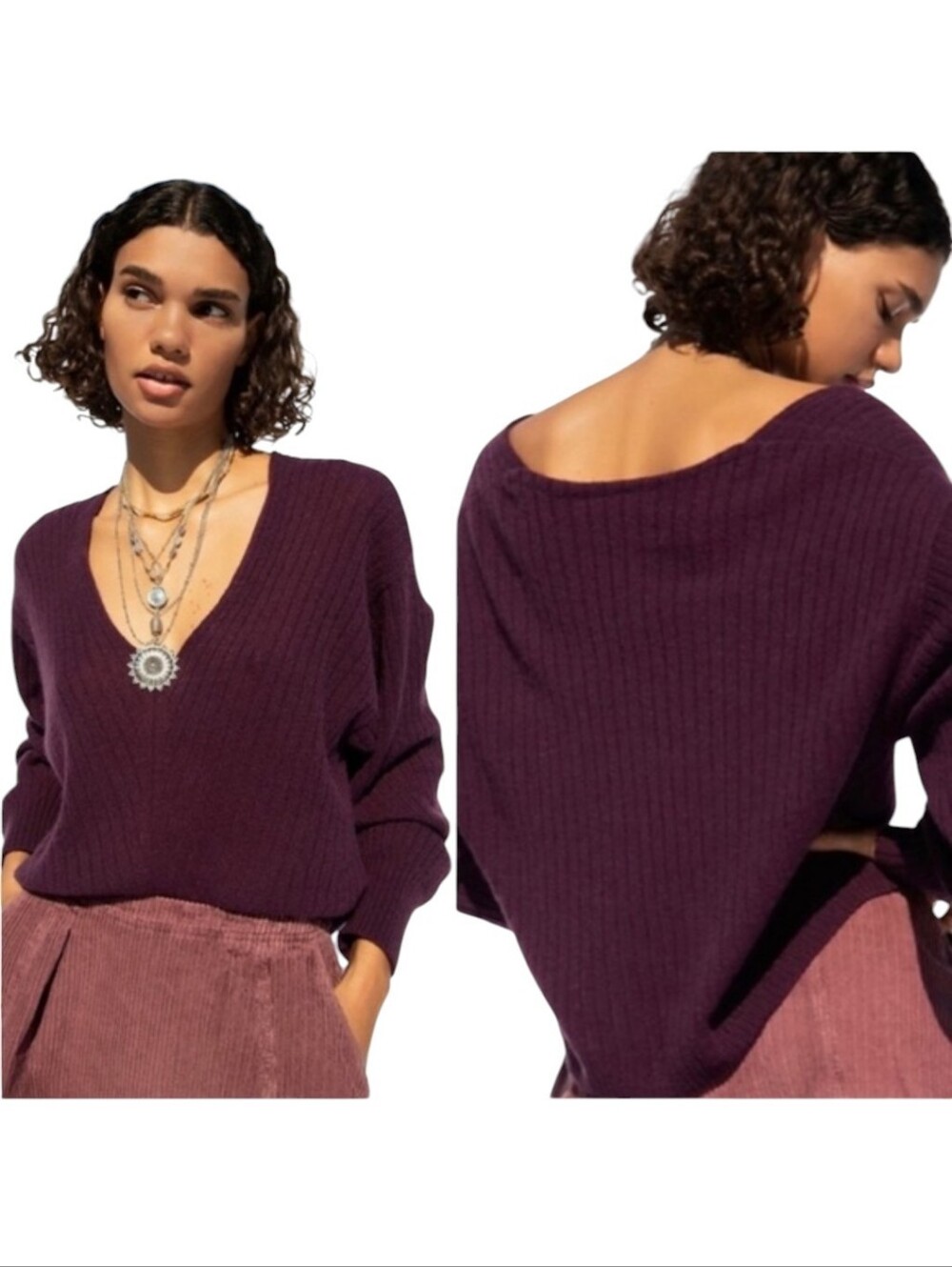 Free People Cashmere V-Neck Cropped Sweater Medium Maroon